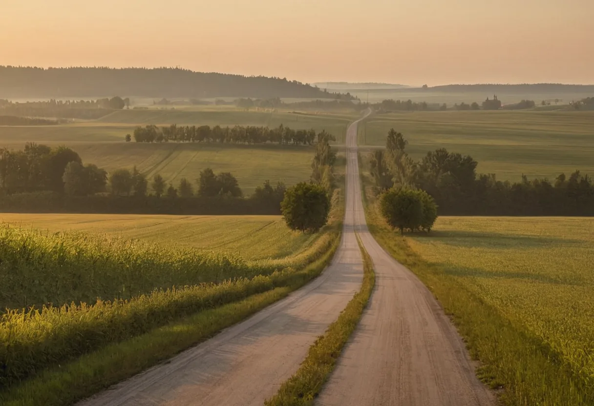 Landstraße zwischen zwei kleinen Städten am frühen Morgen